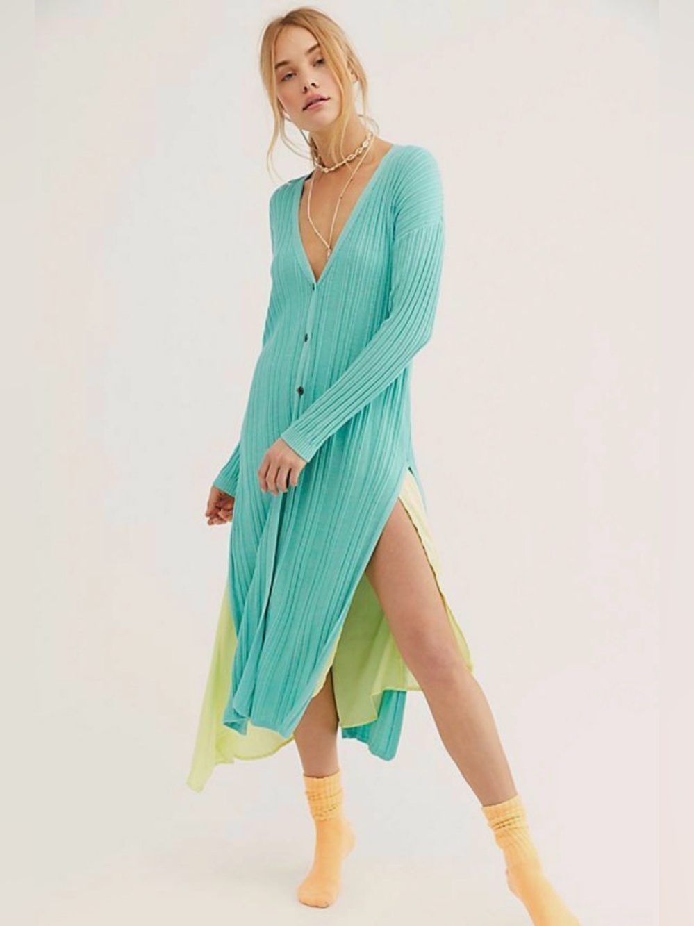 FREE PEOPLE Hudson Maxi Cardigan Sweater Dress Duster Aqua XS NWT